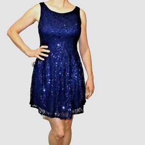 Blue Mini Dress Lace Sequins Valentine Dinner Cocktail Party Size UK 8 is US 4